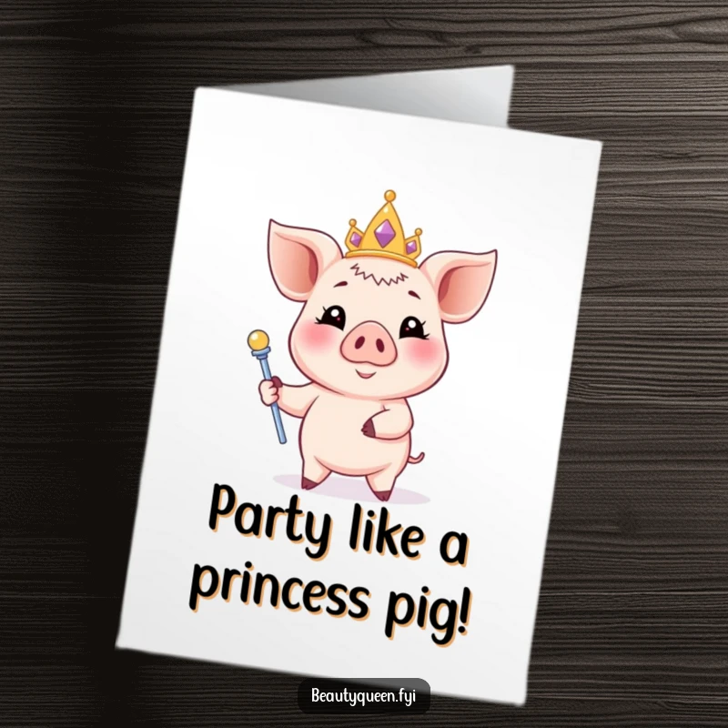 Funny Free Printable Birthday Card: smiling piglet, pastel tiara, scepter, elegant pose, downloadable art, DIY gift.