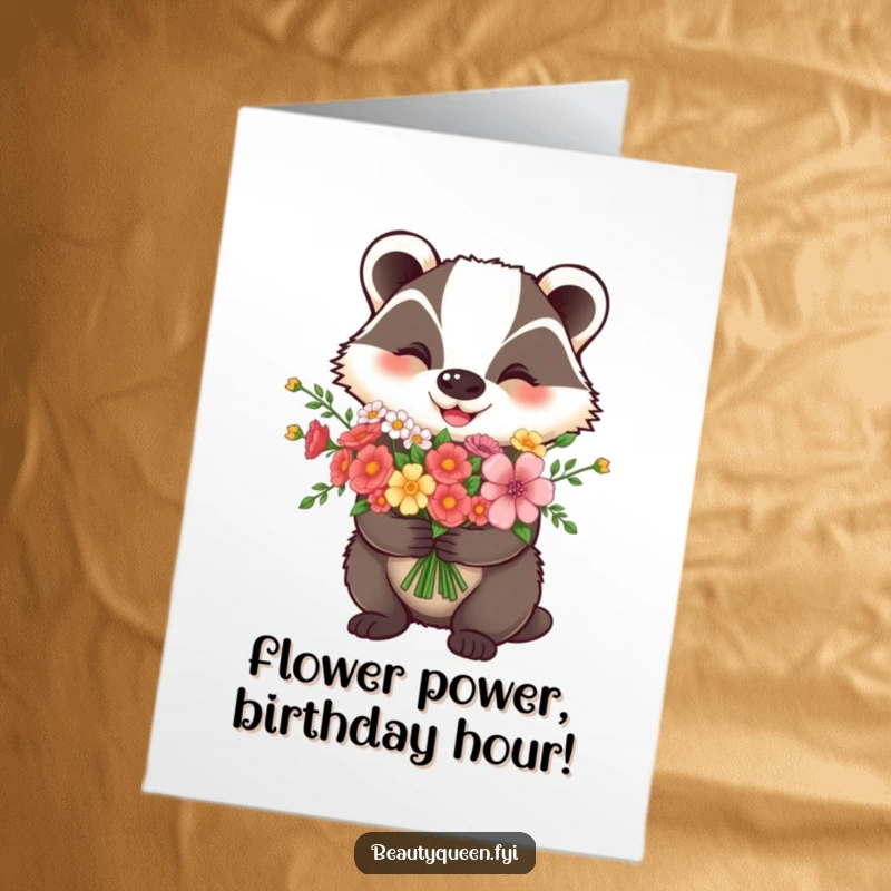 Funny Free Printable Birthday Card: A happy badger holds a vibrant flower bouquet, smiling widely, ready to celebrate.