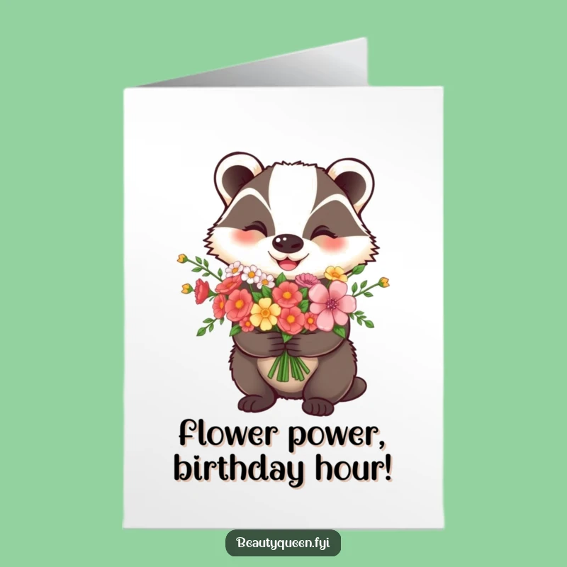 Free Printable Birthday Card: Cheerful Badger Flower Bouquet Funny Downloadable Gift