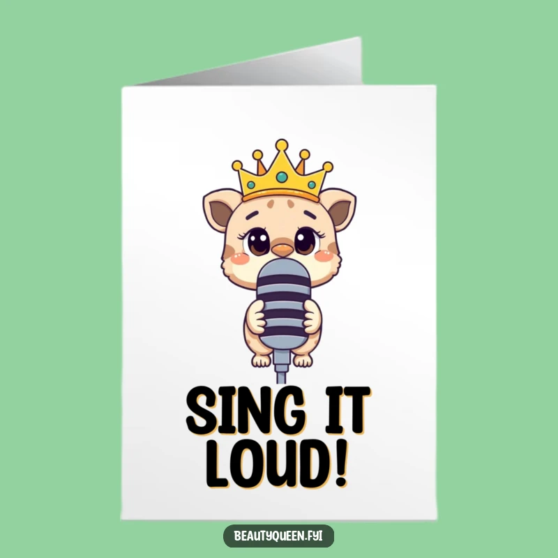 Free Printable Birthday Card: Curious Animal with Crown and Mic, Funny Download