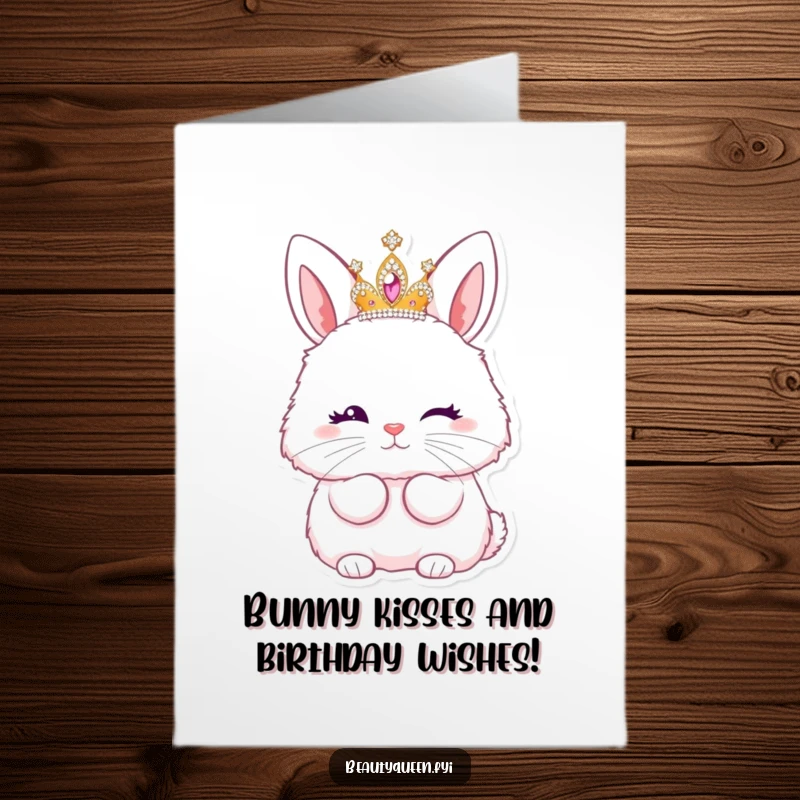 Funny Free Printable Birthday Card: Fluffy bunny wearing a tiara winks and blows a kiss, ready for your celebration.