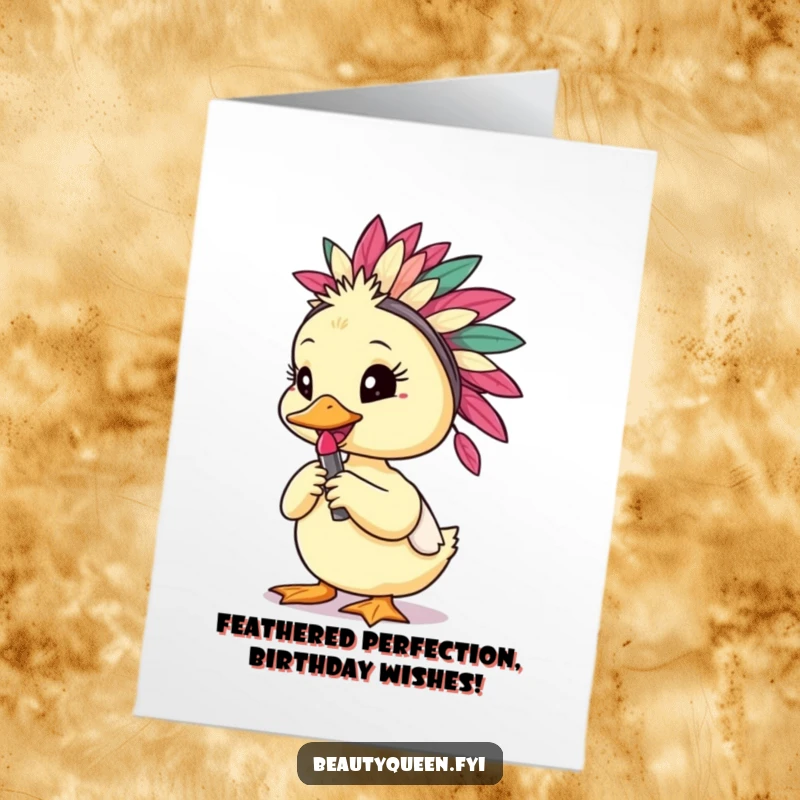 Funny free printable birthday card of a tiny duckling in a feathered headdress, confidently posing with bright red lipstick.