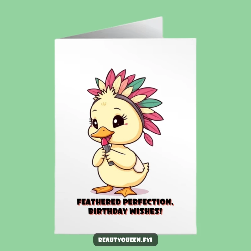 Free Printable Birthday Card: Funny Duckling with Headdress & Lipstick, Hilarious Downloadable Gift