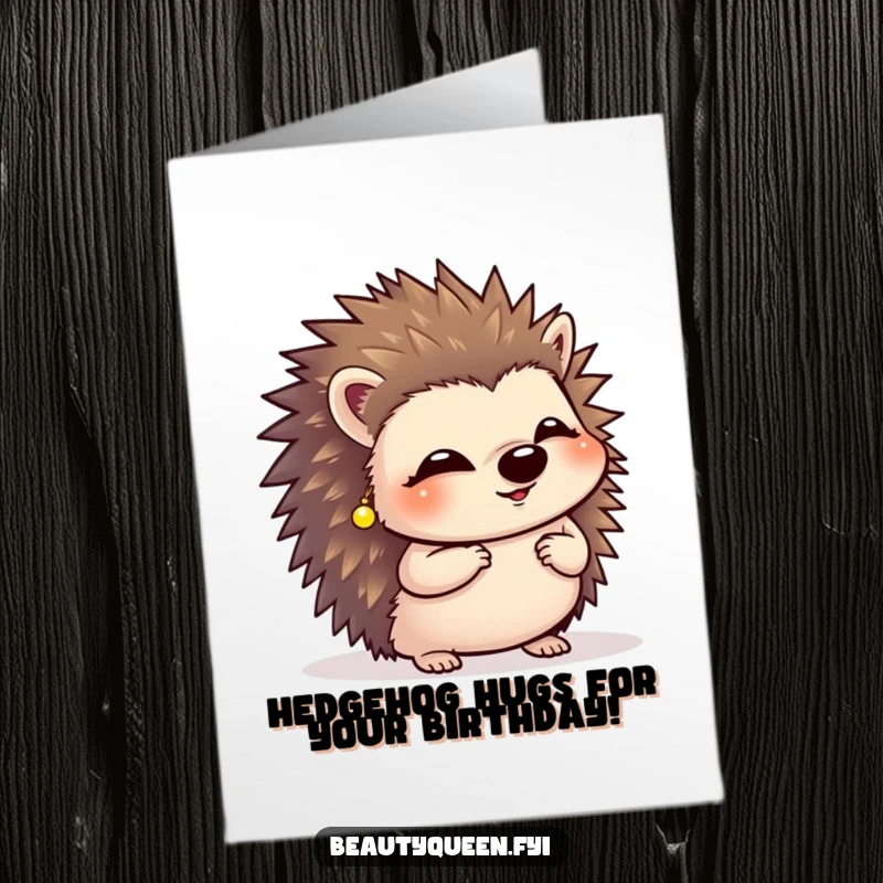 Funny free printable birthday card: A giggling hedgehog wearing tiny earrings, performing a charming curtsy, radiating joy and birthday cheer.