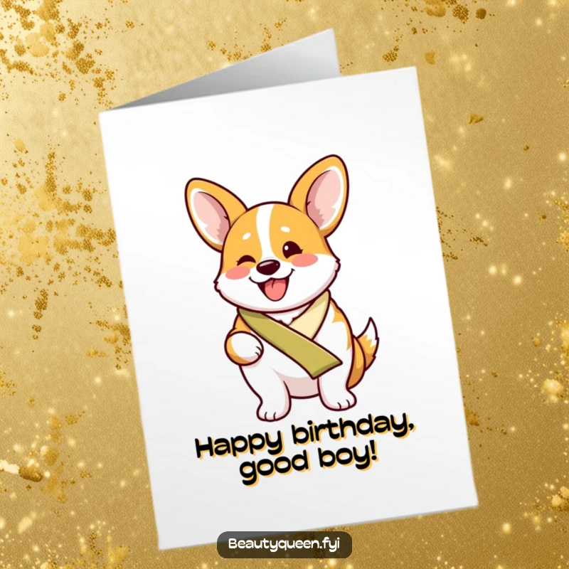 Funny free printable birthday card: A proud corgi wearing a winner's sash, beaming with excitement, ready to celebrate a fantastic birthday.