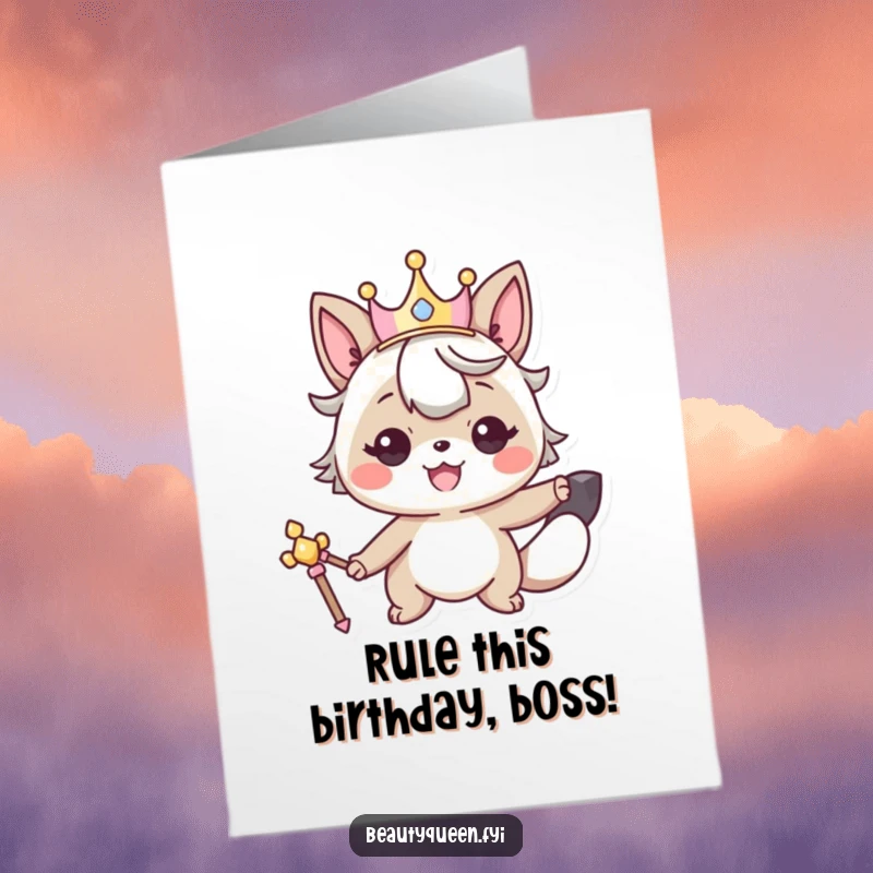 Funny Free Printable Birthday Card depicts a smiling animal character wearing a crown, posing regally with a scepter, fit for a king or queen.