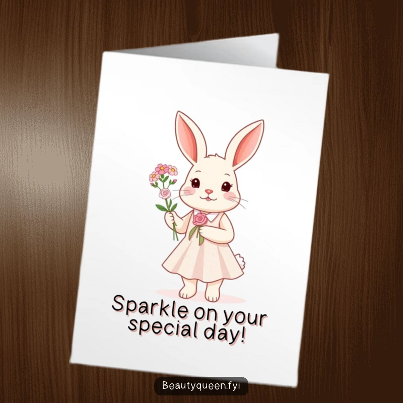 Funny Free Printable Birthday Card featuring a rabbit in a sparkly dress holding a tiny flower bouquet, ready to celebrate.