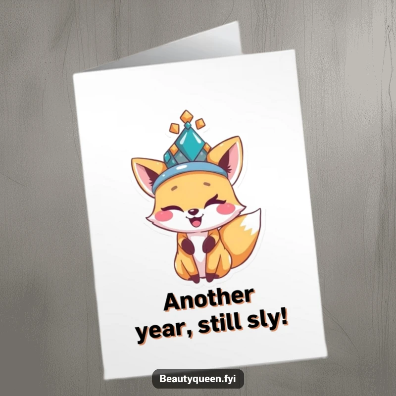 Funny Free Printable Birthday Card: A sly fox wearing a sparkly bejeweled hat gives a playful wink.