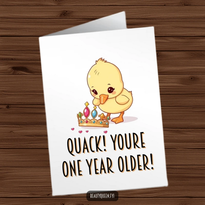 Funny Free Printable Birthday Card featuring a curious duckling comically pecking at a sparkly, dropped tiara, embodying playful mischief.
