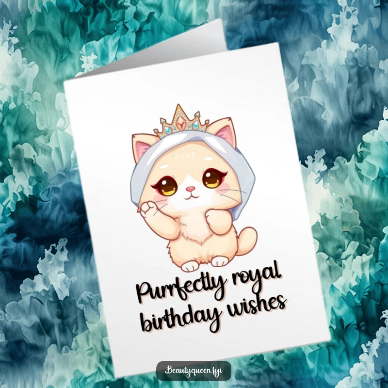 Funny free printable birthday card: fluffy cat wearing a sparkly crown and veil, looking regal, perfect for a special day.