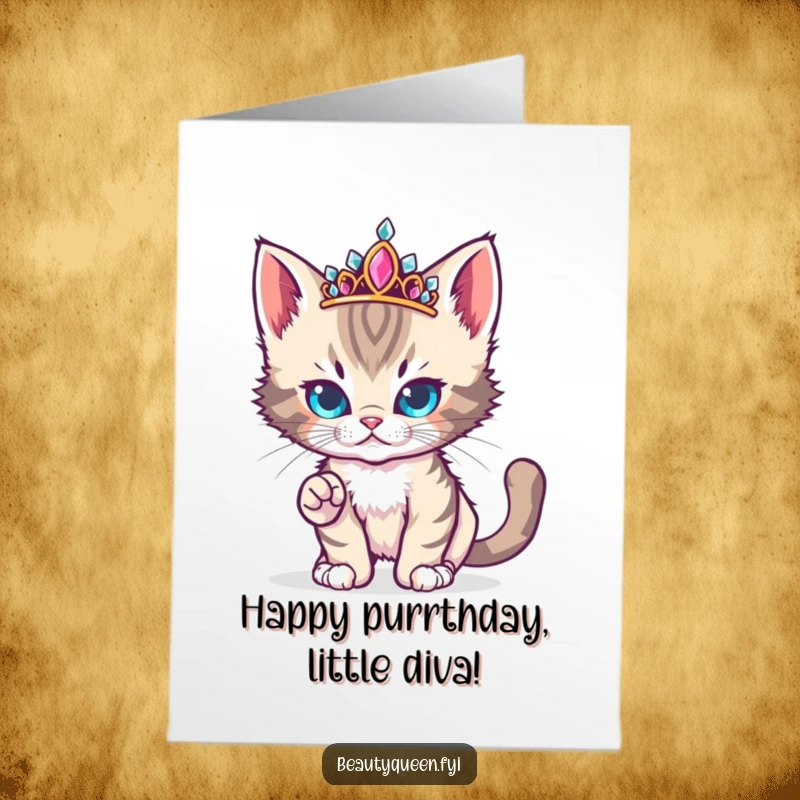 Funny Free Printable Birthday Card: A cute kitten sporting a jeweled tiara strikes a fierce yet adorable runway pose for birthday wishes.