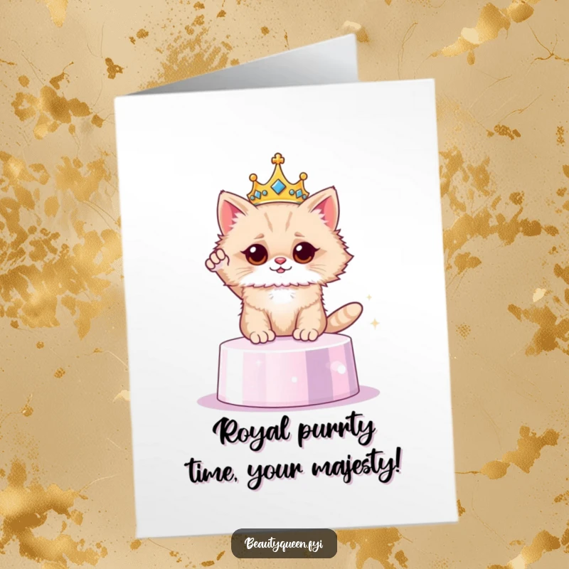 Funny Free Printable Birthday Card: A regal cat wearing a tiny crown, posing dramatically on a sparkling pedestal for a royal birthday wish.