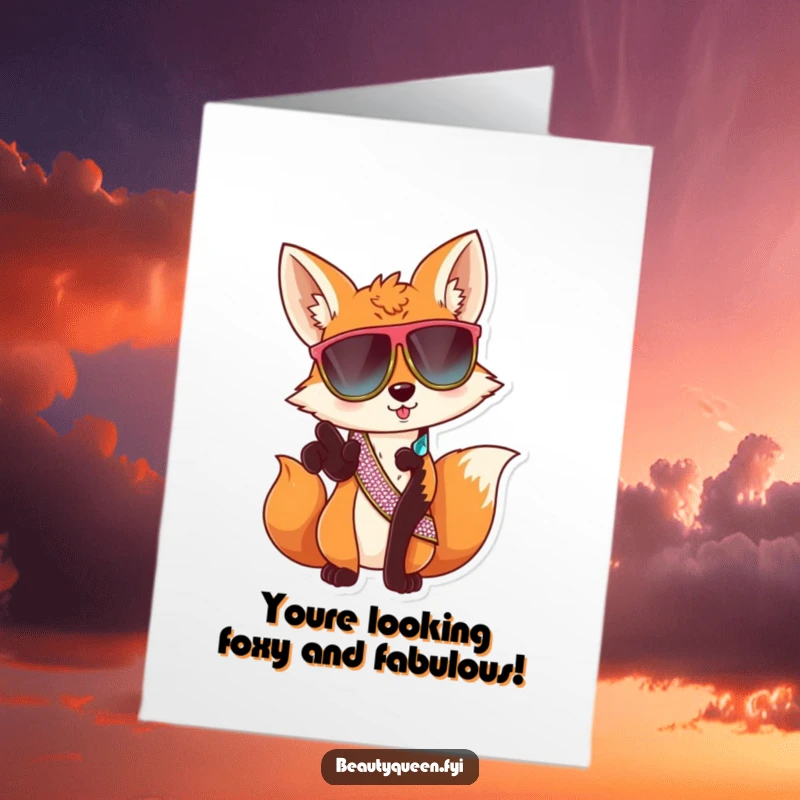 Funny Free Printable Birthday Card: A sassy fox wearing oversized sunglasses and a sparkly sash points forward, ready to celebrate a birthday with attitude.