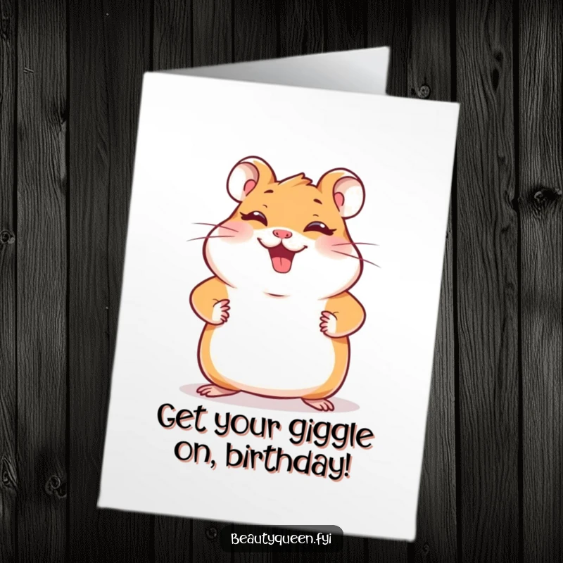 Funny Free Printable Birthday Card: A giggling hamster strikes a confident pose with paws on hips, celebrating the birthday with downloadable art.
