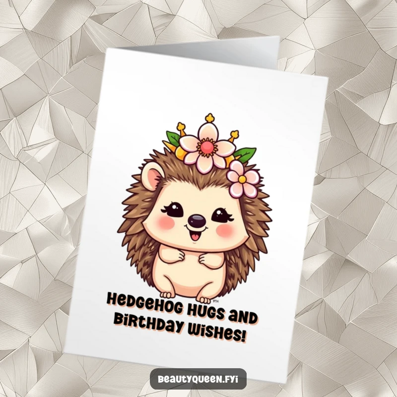 Funny Free Printable Birthday Card: Happy Hedgehog queen decorating her crown with a whimsical flower, spreading joy.