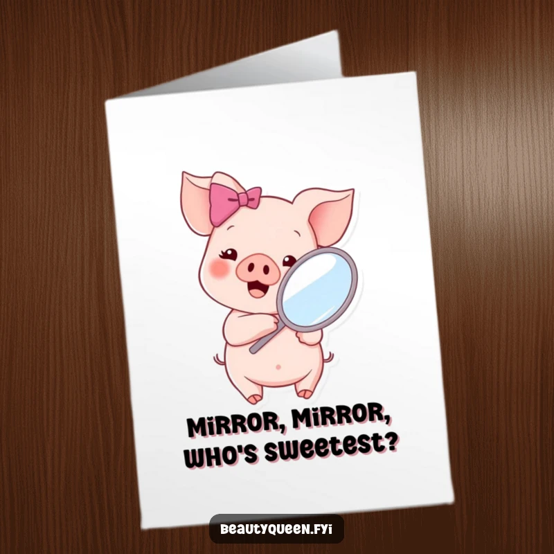 Funny Free Printable Birthday Card: Cheerful piglet with pink bow checks herself in a mirror, ready for cake.