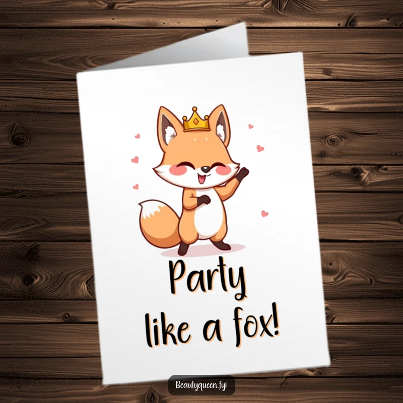 Funny Free Printable Fox Birthday Card: A goofy fox with a tilted crown dancing joyfully for a birthday.