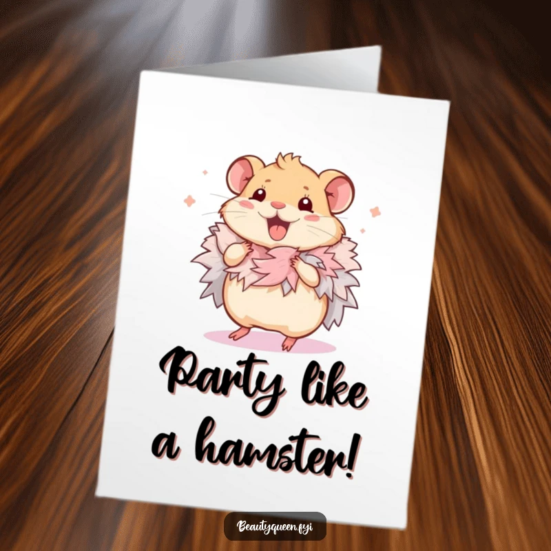 Funny free printable birthday card: tiny hamster in a fluffy feathered boa, dancing ecstatically, pure birthday revelry.