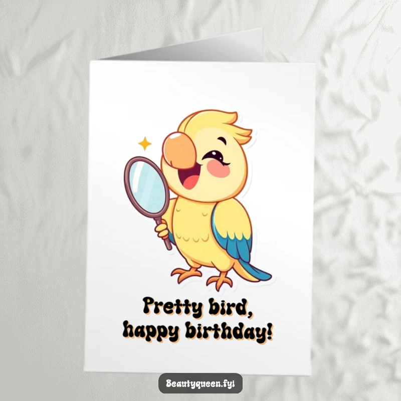 Funny Free Printable Birthday Card: A joyful parrot flashes a smile while admiring itself in a mirror, celebrating with downloadable art.