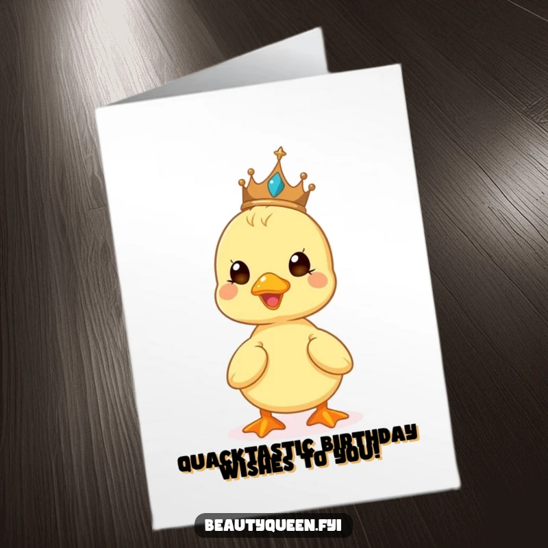 Funny Free Printable Birthday Card: Cute duckling beaming, balancing a tiny tiara on its head.