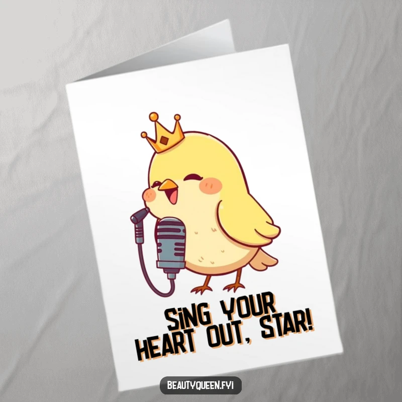Funny Free Printable Birthday Card: A regal bird wearing a tiny crown belts out a tune into a microphone.
