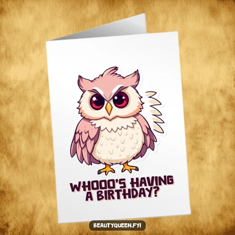 Funny free printable birthday card: Chic owl in feathered boa, posing confidently, ready to celebrate with style. Glamorous and hilarious.