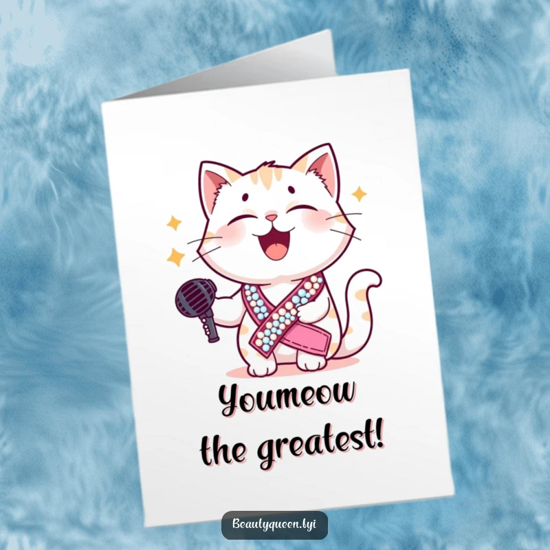 Funny Free Printable Birthday Card: A giggling cat in a sequined sash holds a microphone, ready to sing happy birthday with downloadable mirth.