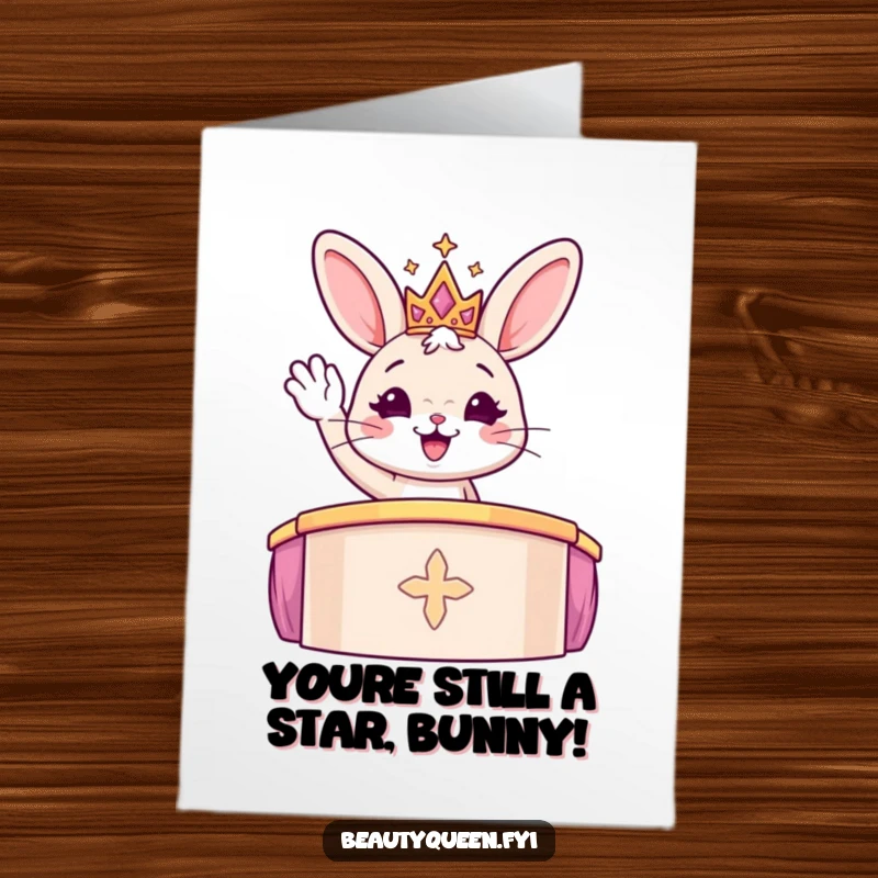 Funny Free Printable Birthday Card: A cheerful bunny in a sparkly tiara waves from a podium, ready for birthday fun.