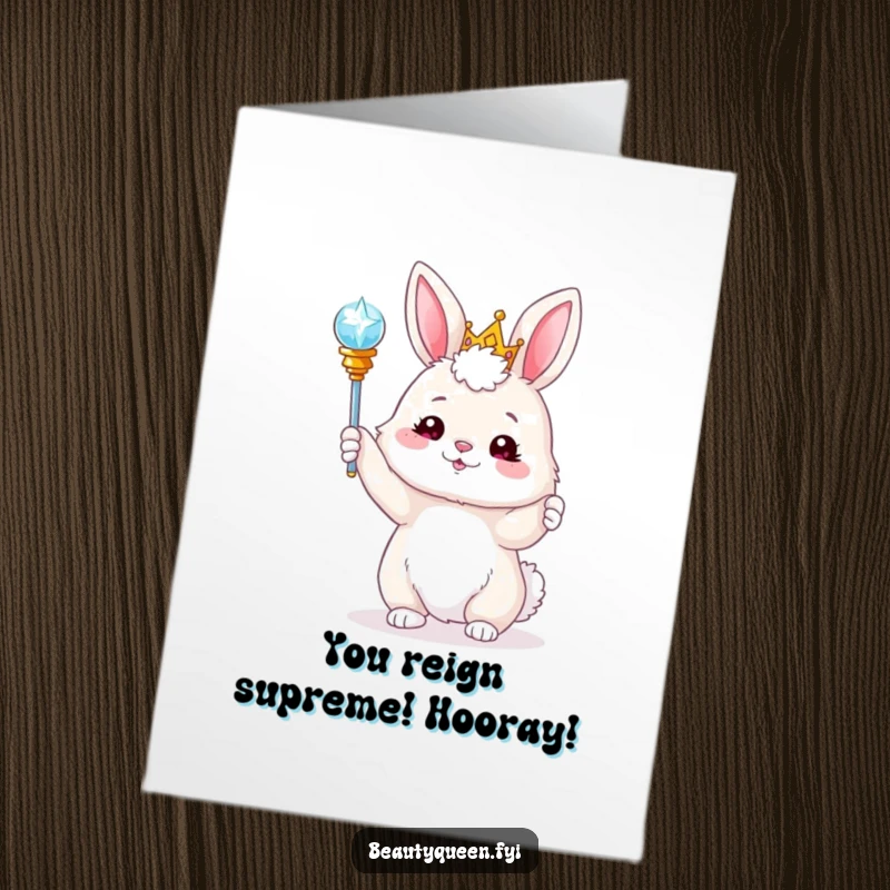 Funny Free Printable Congratulations Card: A fluffy bunny in a tiara playfully tossing a sparkling scepter, celebrating with downloadable flair.