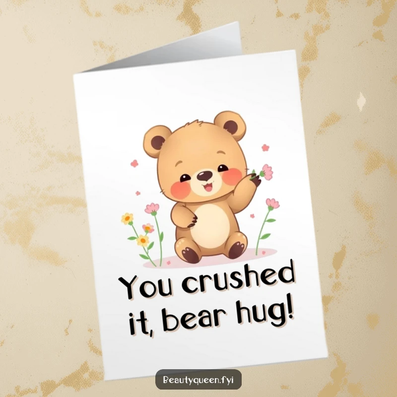 Funny Free Printable Congratulations Card: A small bear cub clumsily juggles tiny blooming flowers, celebrating success with charm.