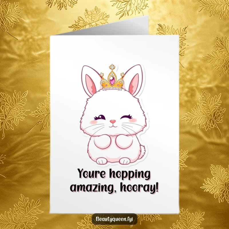 Funny Free Printable Congratulations Card: Adorable bunny wearing a tiara winks and blows a kiss, perfect for any achievement.