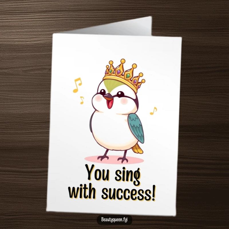 Funny Free Printable Congratulations Card: Charming Chickadee in royal headdress chirping happily, celebrating achievement.