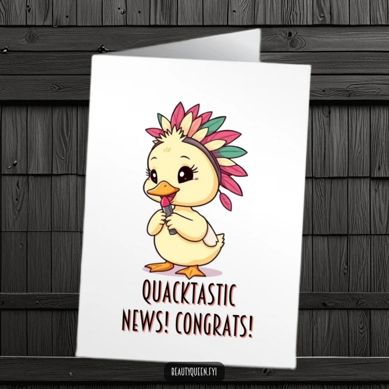 Free printable congratulations card featuring a glamorous duckling striking a pose with a lipstick, ready to celebrate.