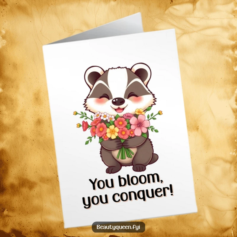 Funny Free Printable Congratulations Card: A delighted badger proudly offers a beautiful bouquet of flowers, celebrating success.