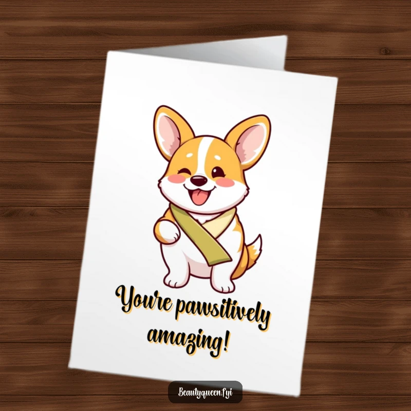 Funny free printable congratulations card: A proud corgi in a sash, beaming with excitement, celebrating a major achievement with happy energy.