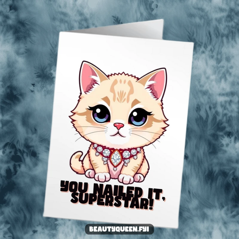 Funny Free Printable Congratulations Card showing a majestic cat with a glittering rhinestone collar, exuding sophisticated joy and success.