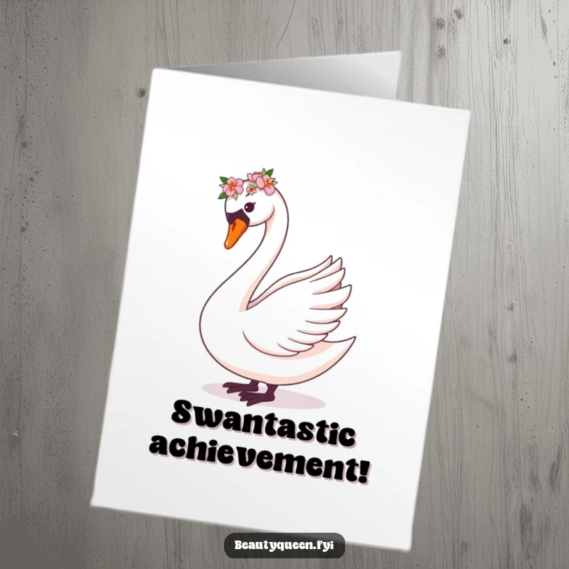 Funny Free Printable Congratulations Card showing a graceful swan performing an elegant curtsey, adorned with a delicate flower crown.