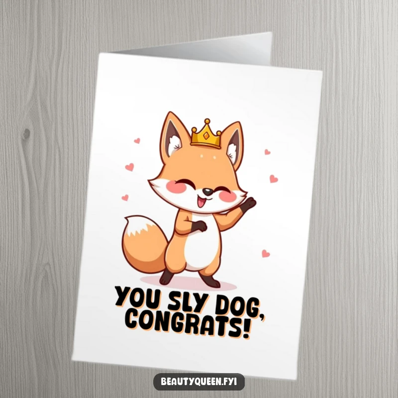 Funny Free Printable Fox Congratulations Card: A goofy fox with an askew crown dancing exuberantly to celebrate.