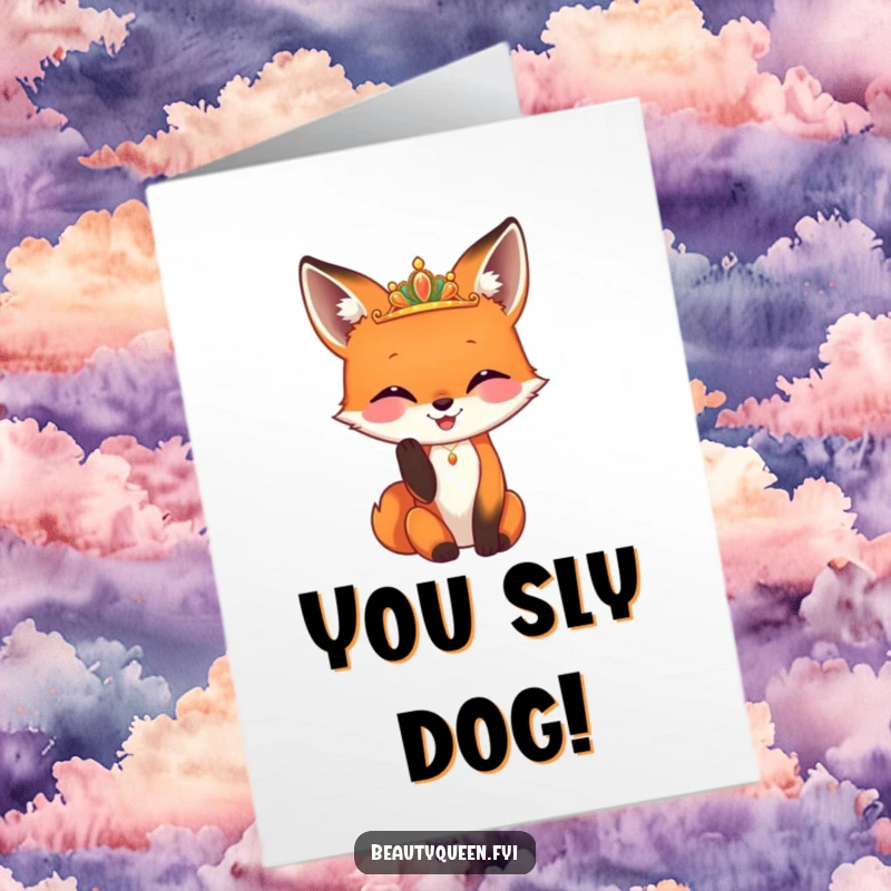 Funny Free Printable Congratulations Card: A happy fox daintily adjusts its gleaming diadem with its paw, celebrating their win.