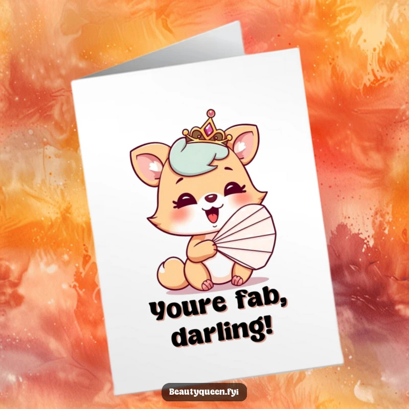 Funny Free Printable Congratulations Card: Playful animal giggling behind a fan, tiara tilted, celebrating a special moment with humor.