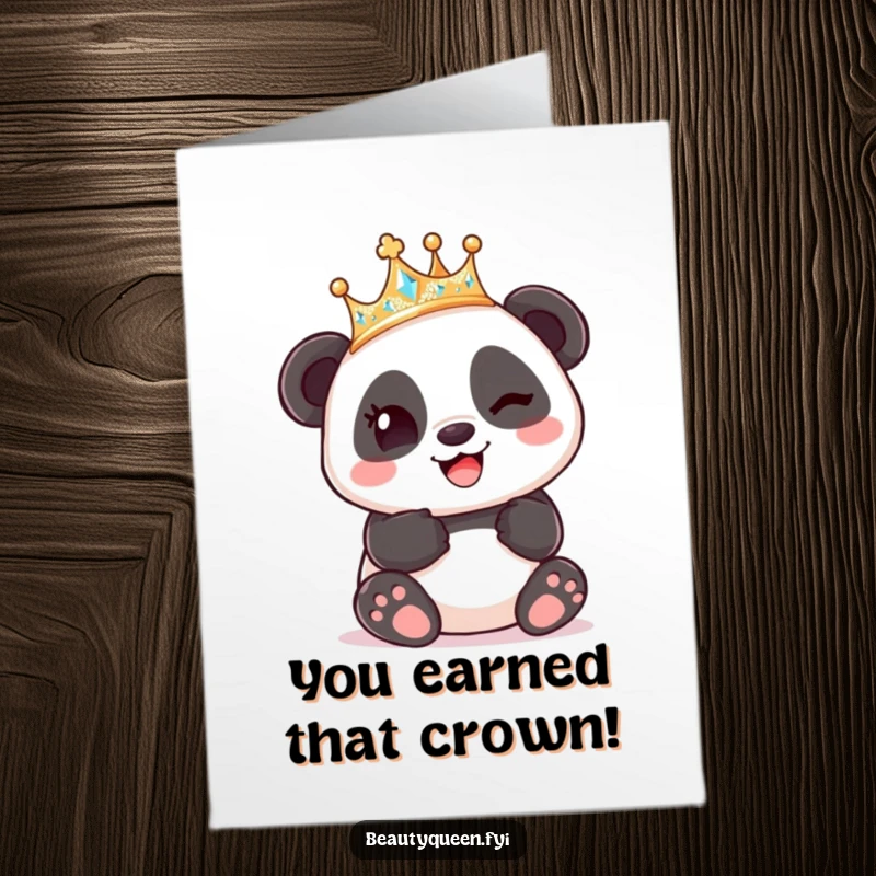 Funny Free Printable Congratulations Card: a panda wearing a crown winks playfully.