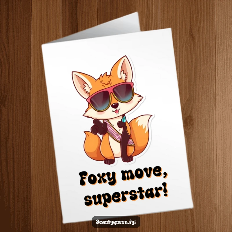 Funny Free Printable Congratulations Card: A sassy fox sporting large sunglasses and a glittering sash confidently points a paw forward, signifying achievement.