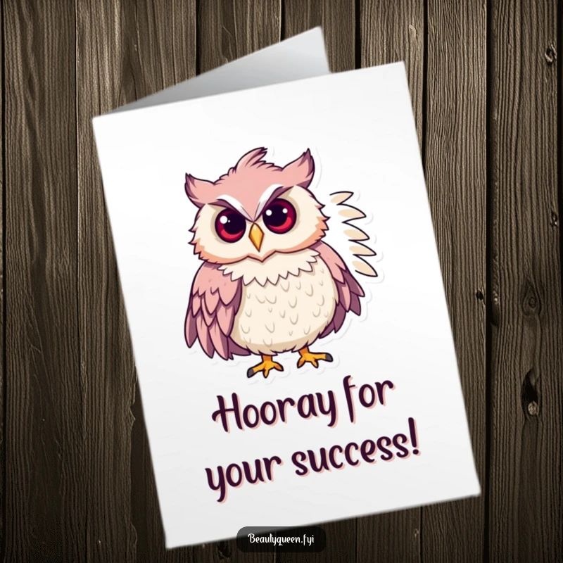 Funny free printable congratulations card: Elegant owl with feathered boa, striking a confident pose to celebrate achievements with flair.