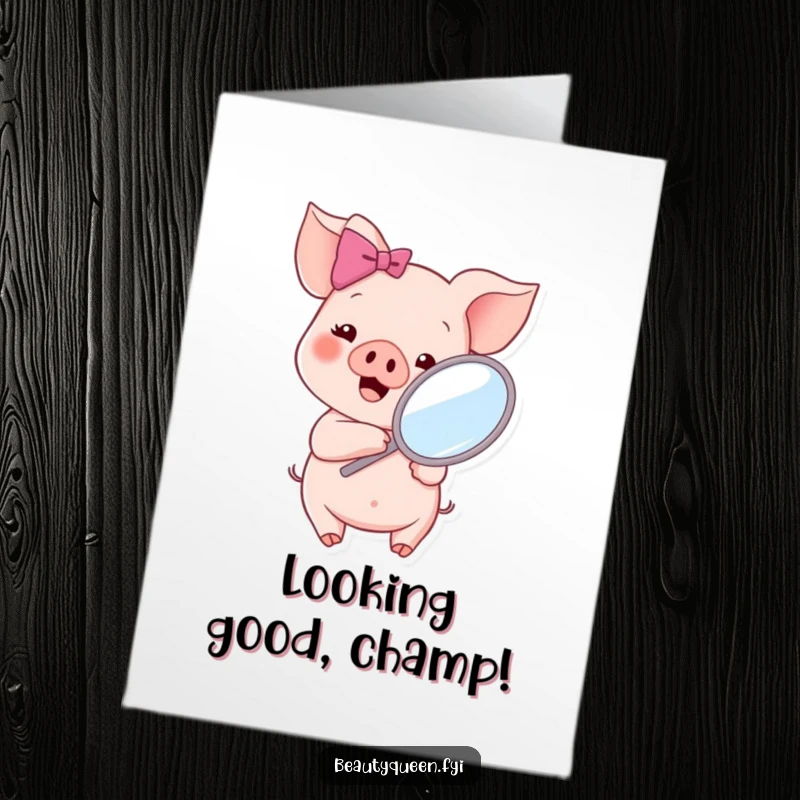 Funny Free Printable Congratulations Card: Adorable piglet with pink bow admires her reflection in a handheld mirror.