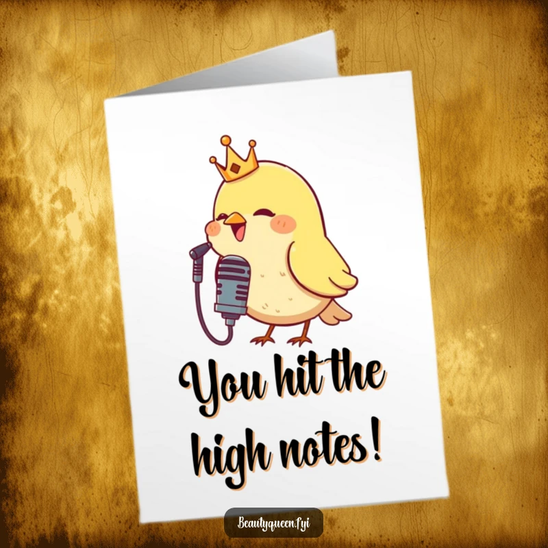 Funny Free Printable Congratulations Card: A majestic bird, crowned and confident, sings its heart out into a microphone.
