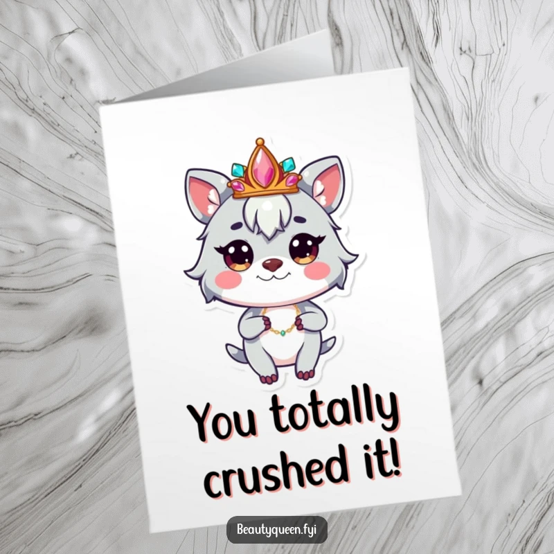 Funny Free Printable Congratulations Card depicts a whimsical animal with a jeweled crown, striking a confident pose, celebrating a grand accomplishment.