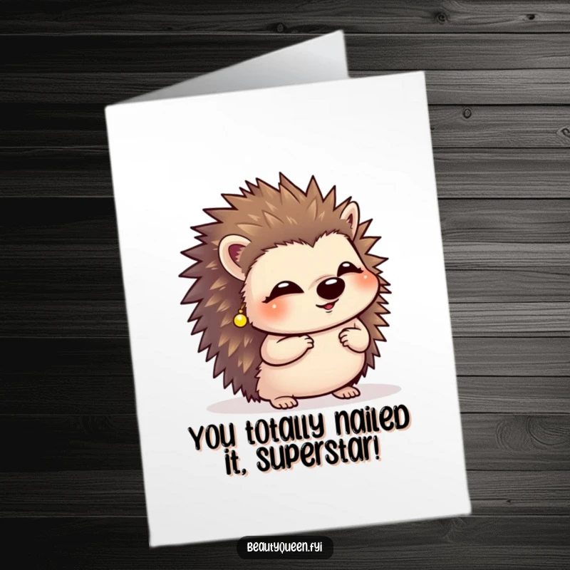 Funny free printable congratulations card: A giggling hedgehog in tiny earrings, mid-curtsy, expressing delight and congratulations with adorable charm.