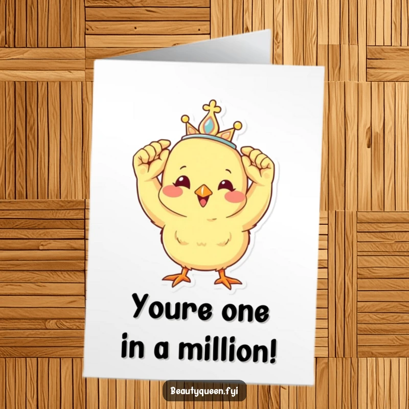 Funny Free Printable Congrats Card: A happy chick proudly wearing a tiara, celebrating a win.