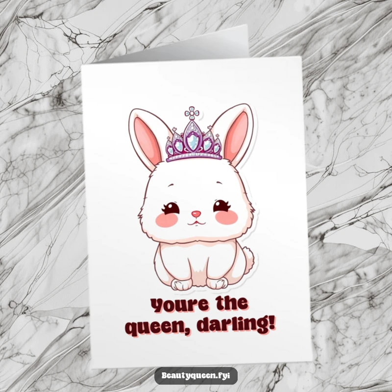 Funny Free Printable Congrats Card: fluffy rabbit, tiara, blowing a kiss, rosy cheeks, elegant, downloadable art, DIY gift.