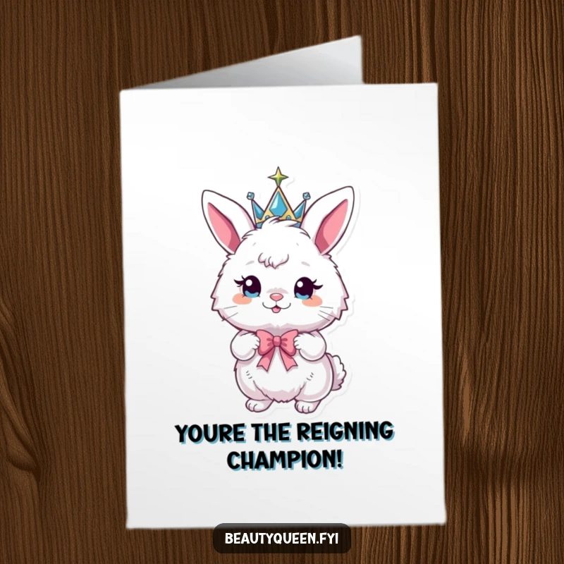 Funny Free Printable Congratulations Card: Fluffy bunny wears a sparkly crown, posing with a bow, celebrating success.